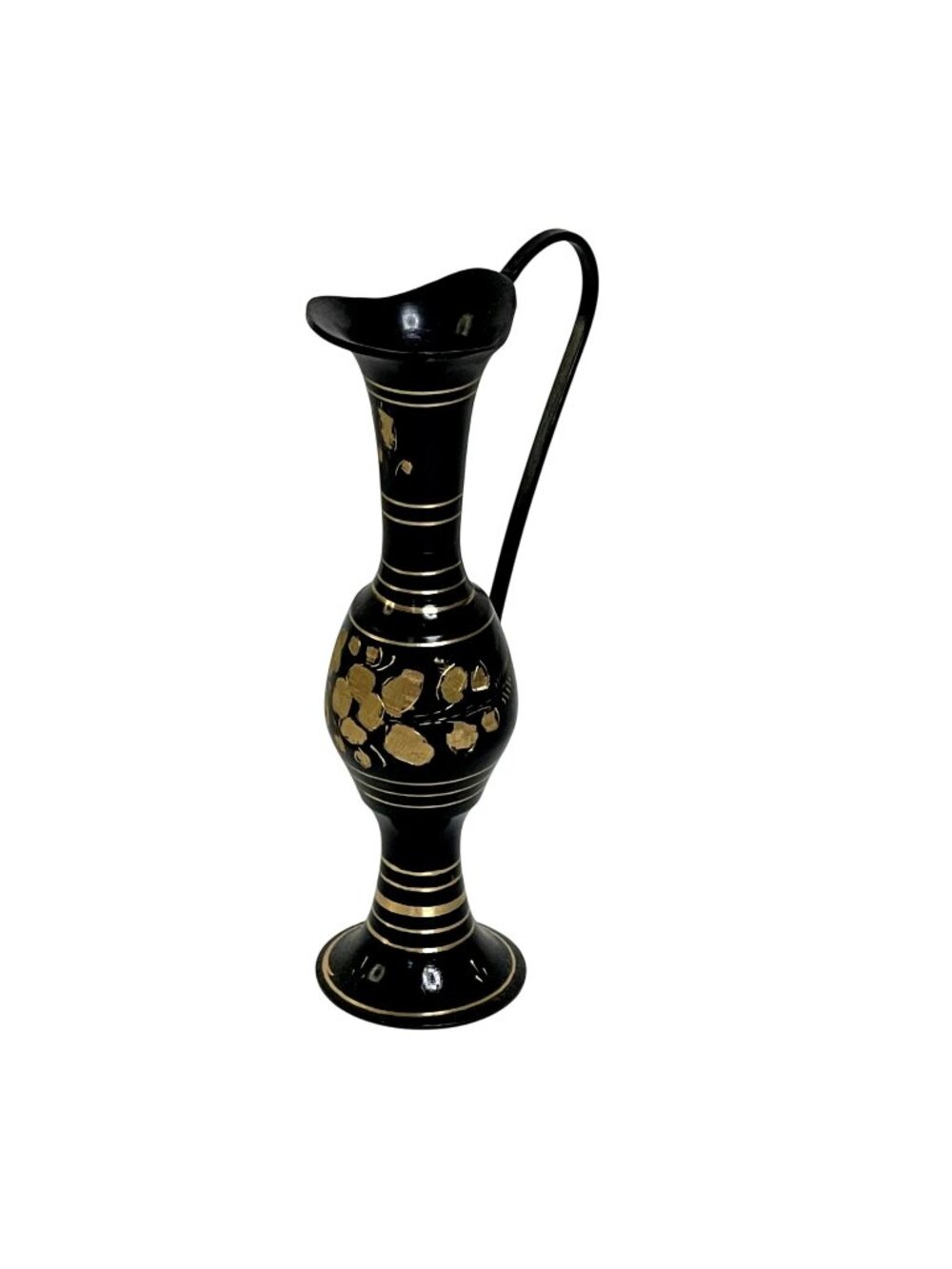 Vintage Brass Pitcher Black Enamel Etched Gold Floral Vase Candle Holder 7"